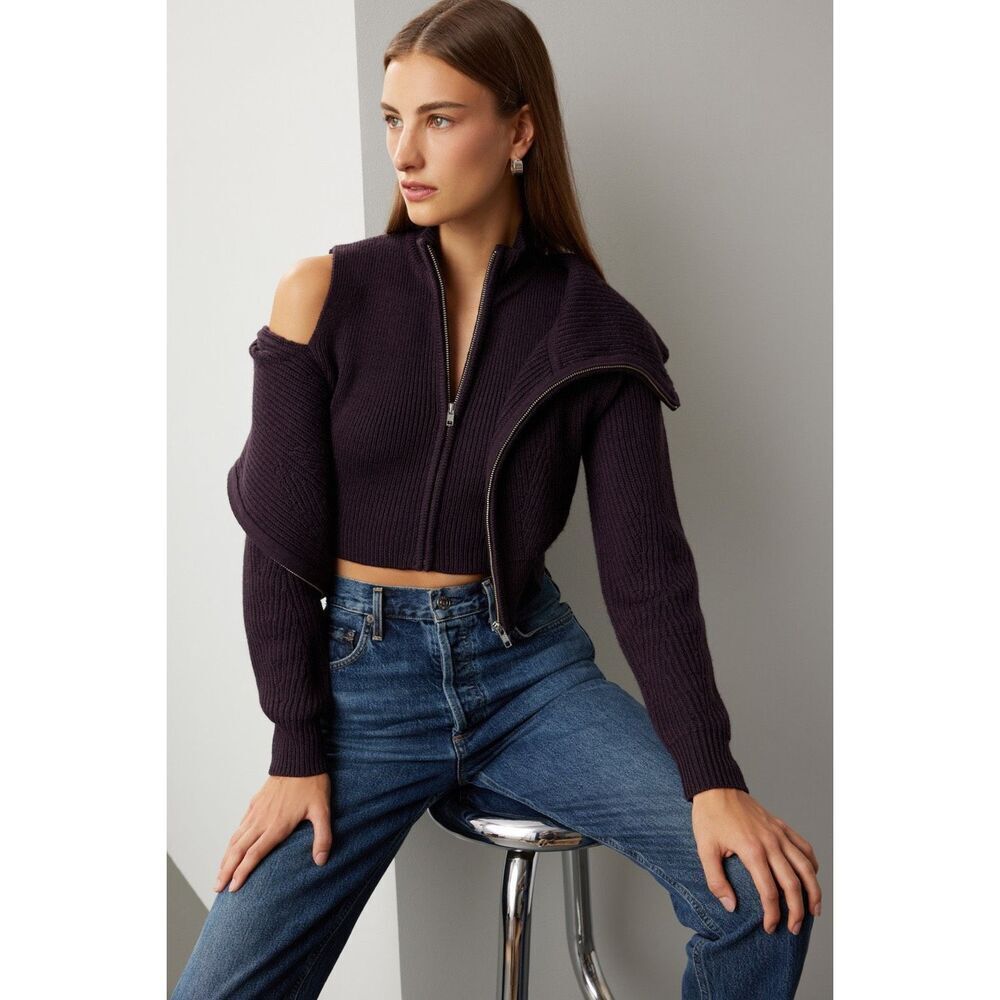 Derek Lam Dark Plum Ribbed Zip-Front Crewneck Sweater - Picture 2 of 9